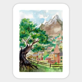 Mountain Village and old Tree Sticker